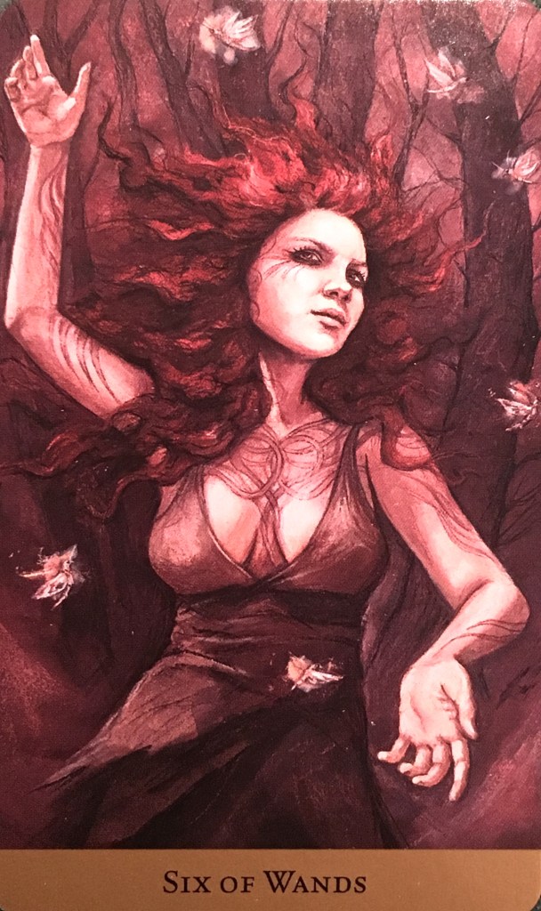 Six of Wands, from the Tarot Of The Hidden Realms, by Julia Jeffrey and Barbara Moore