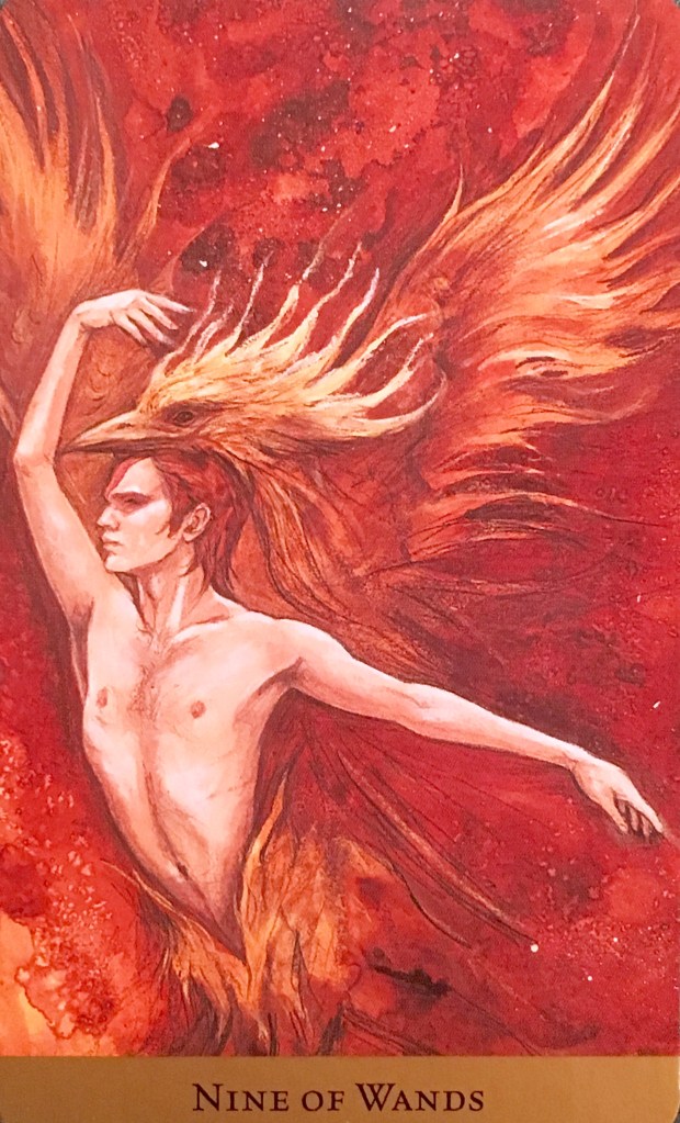 Nine Of Wands, from the Tarot Of The Hidden Realms, by Julia Jeffrey and Barbara Moore