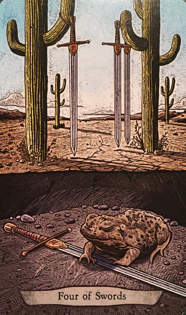 Four Of Swords ~ Zombie Toad, from the Animal Totem Tarot Card deck, by Leeza Robertson, Artwork by Eugene Smith 