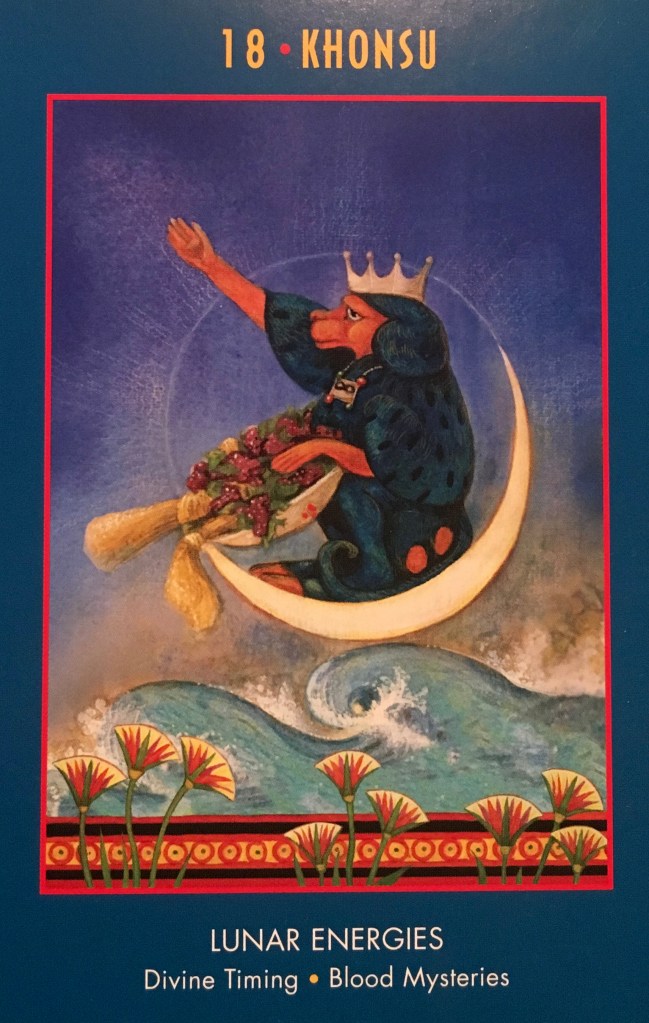 Khonsu, from the Anubis Oracle Card deck, by Nicki Skully and Linda Star Wolf, Illustrated by Kris Waldherr