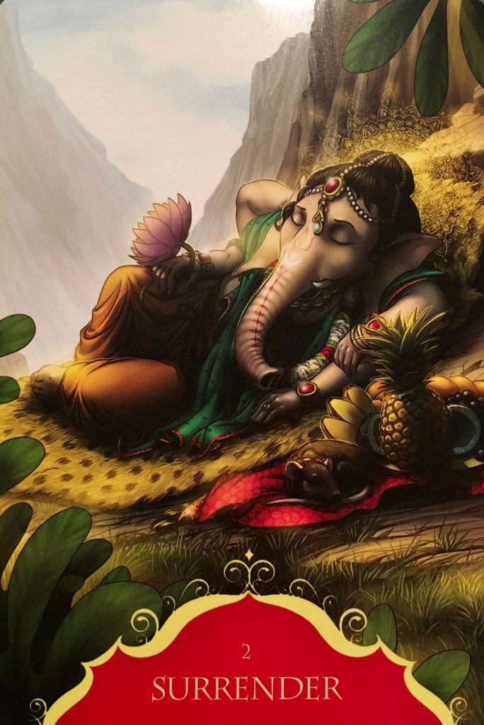 Surrender, from the Whispers of Lord Ganesha Oracle Card deck, by Angela Hartfield, Artwork by Ekaterina Golovanova 