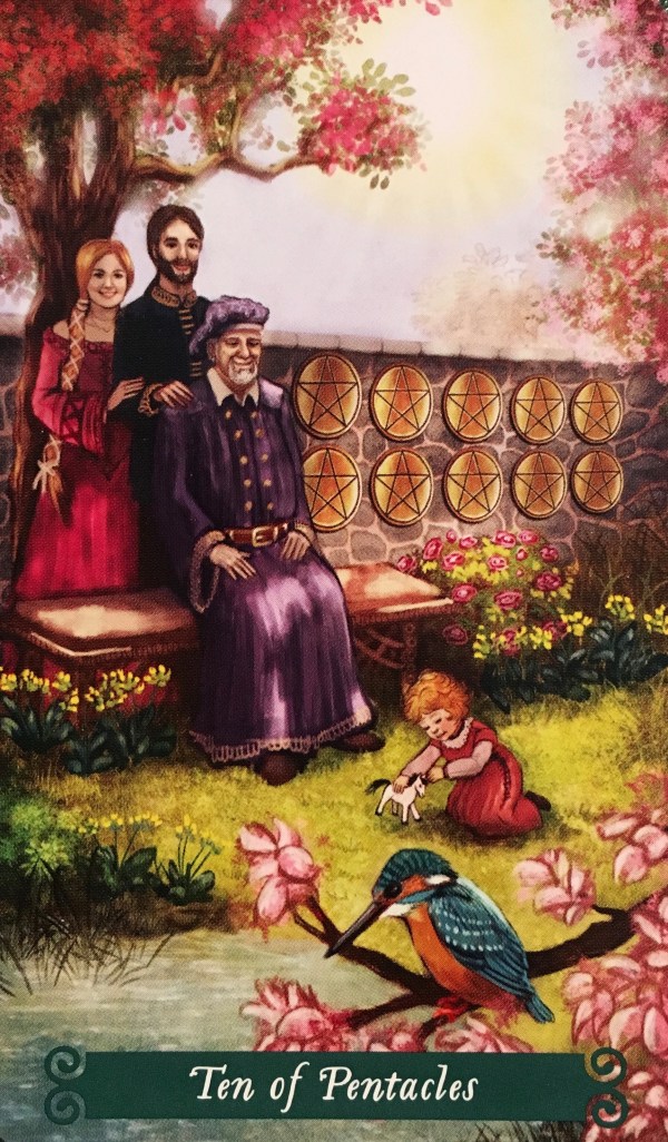 Ten Of Pentacles, from the Green Witch Tarot Card deck, by Ann Moura, artwork by Kiri Ostergaard Leonard