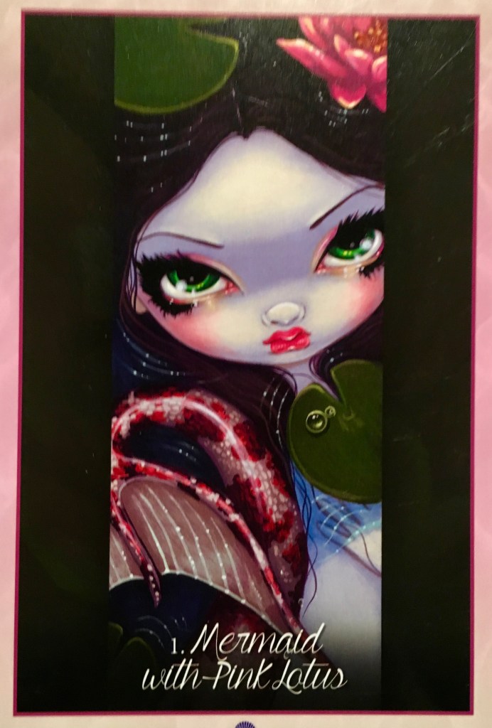 Mermaid With A Pink Lotus, from the Myths And Mermaids Oracle Card deck, by Jasmine Beckett-Griffith, Amber Logan and Kachina Mickeletto