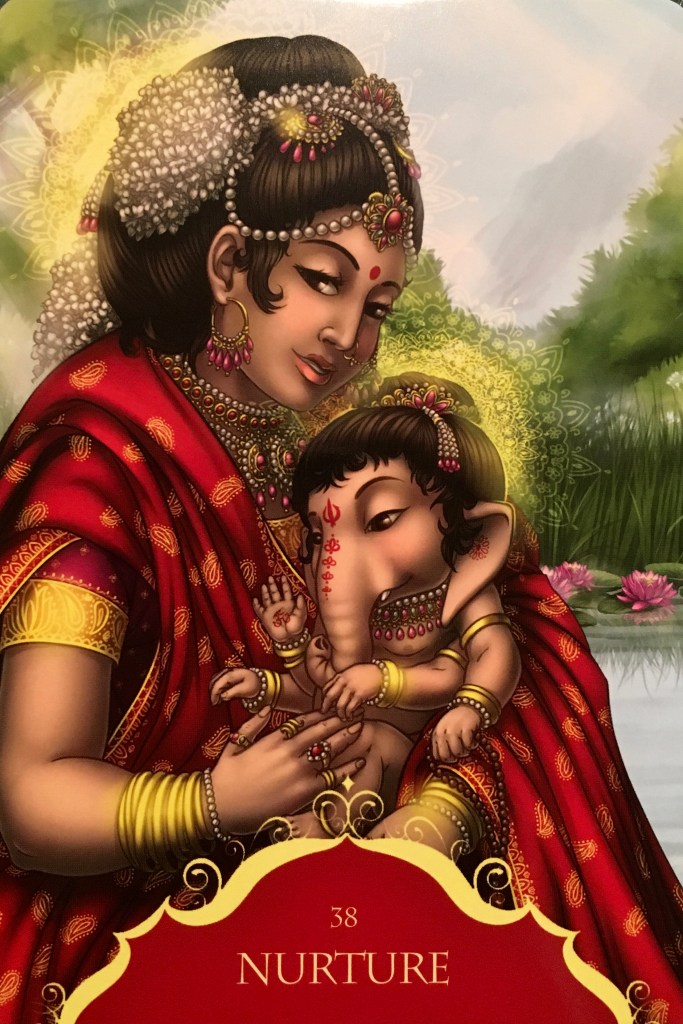 Nurture, from the Whispers Of Lord Ganesha Oracle Card deck, by Angela Hartfield, artwork by Ekaterina Golovanova